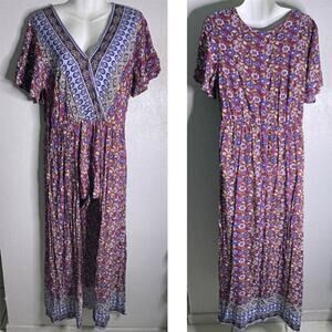 Vintage Angie Boho Wide Leg Romper Jumpsuit Maroon Size Large